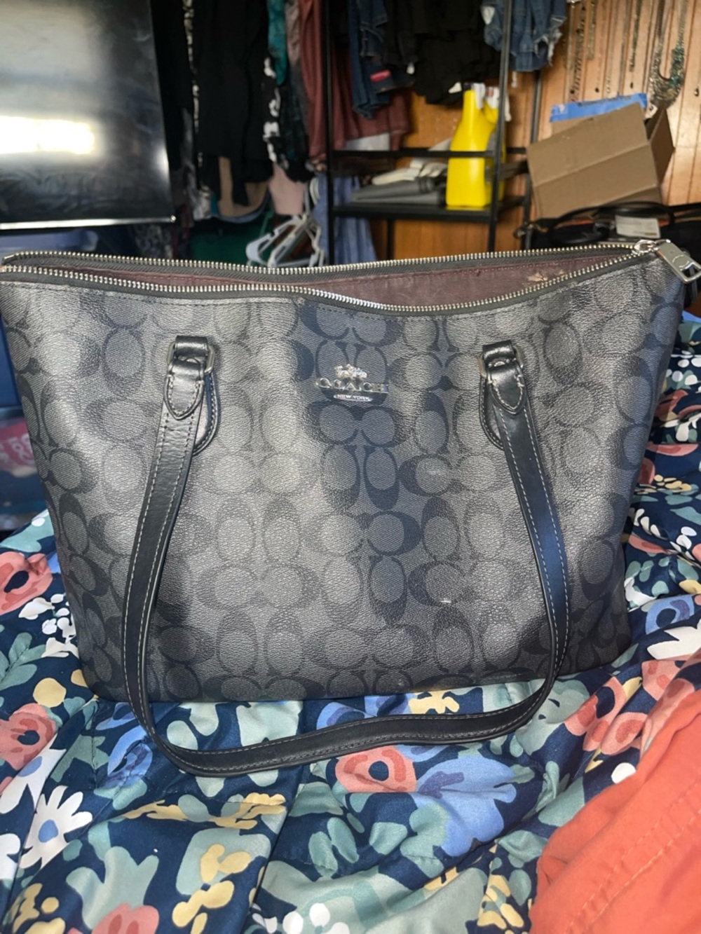Coach Charcoal Logo Tote with Leather Trim